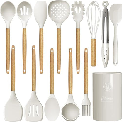 oannao Silicone Cooking Utensils Set - 446°F Heat Resistant Silicone Kitchen Utensils for Cooking,Kitchen Utensil Spatula Set w Wooden Handles for Non-Stick Cookware, BPA FREE (Cream White) - color: Cream White