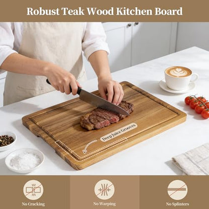 Teak Cutting Board for Kitchen - Teak Wood Chopping Board with Handle & Juice Groove, Heavy-Duty Hardwood Cutting Boards Wooden Butcher Block for Meat, Fish, Vegetables, Fruits