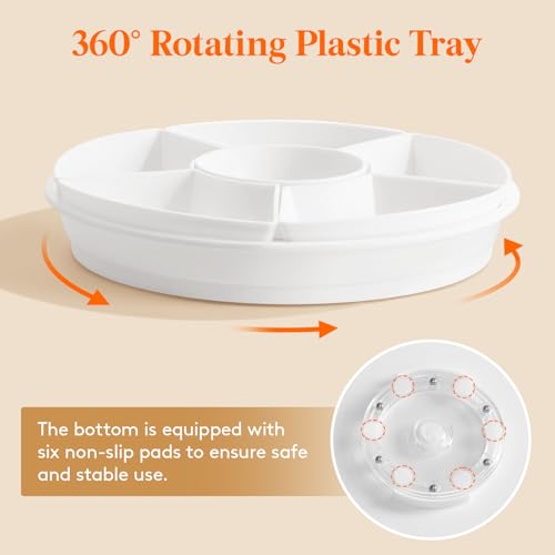 Lifewit Rotating Chips and Dip Serving Dish, Plastic Divided Serving Tray | 5 Section Veggie Tray for Party, Food Serving Platter for Entertaining, Lazy Susan Organizer for Fruit, Snack, Taco, Cheese