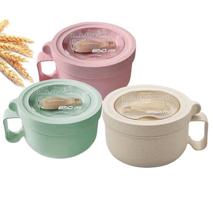 Rarapop 3 Pack Microwave Soup Bowl Containers with Lids, 28.7oz Wheat Straw Ramen Noodles Cup Mug for Instant Noodles,Oatmeal, Gumbo, Salad,Crunch,Cereal & More, Easy-Grip Design(Beige, Pink, Green) - color: Green/Pink/Beige