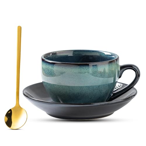 Porcelain Coffee Cup with Saucer Spoon, Vintage Design Ceramic Latte Art Cappuccino Barista Espresso Tea Cup with Saucer (11.6 oz, 350ml, Mist Green) - color: Mist green