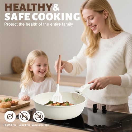 Numola 10 pcs Pots and Pan Set Non Stick with Detachable Handle, White | Non Stick, Detachable, Stackable, Dishwasher ＆ Oven Safe