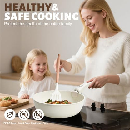 Numola 10 pcs Pots and Pan Set Non Stick with Detachable Handle, White | Non Stick, Detachable, Stackable, Dishwasher ＆ Oven Safe