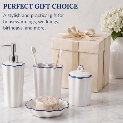 Zhehao Scalloped Bathroom Ceramic Accessories Set 4 Pcs Bathroom Accessory Sets with Toothbrush Holder Soap Dispenser Soap Dish Cotton Swab Jar Bathrooms Countertop Organizer(Blue) - color: Blue