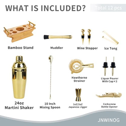 JNWINOG Cocktail Shaker Set Stainless Steel Bartending Kit 18.6oz Cocktail Bar Set Cocktail Mix Drink Making Kit Professional Bar and Home Drink Bar Tools for Bartender (Gold, 12Pcs-1) - color: Gold, size: 12Pcs-1