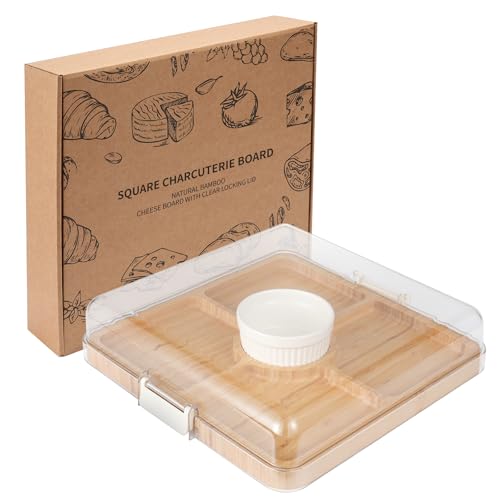 WILLKOMMEN Charcuterie Board with Lid- 5 Compartment Carbonized Bamboo Serving Tray with Locking Lid, Square Serving Platter Divided Serving Dishes for Party Cheese Snack Fruit - style: 5 Compartments-Square