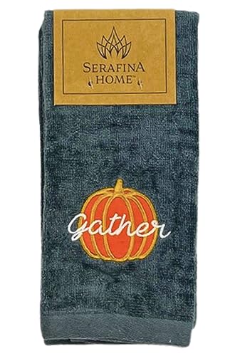 Thanksgiving Fall Harvest Embroidered Guest Fingertip Towels: Orange Gold White Gather Together Pumpkin on Plush Grey Gray, 2 Piece Set, 12" x 18" Inch Oeko-TEX Certified - color: Gather