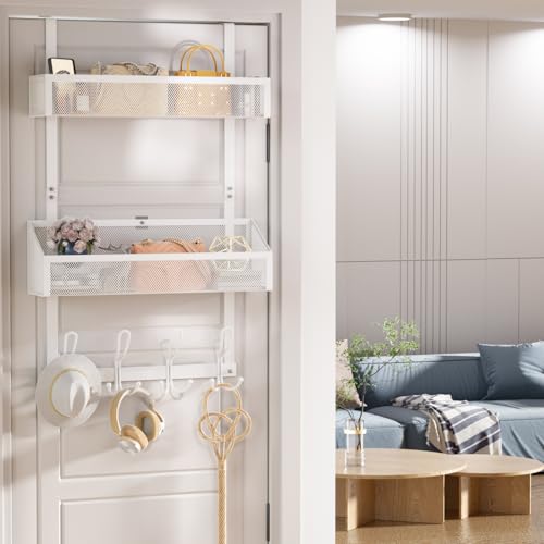 12-Hook Over Door Organizer with 2 Mesh Baskets Space-Saving 2-Tier Hanging Rack for Towels, Coats & Pantry Items, Heavy Duty Metal Storage for Bathroom, Kitchen & Bedroom, White - color: 2 Mesh Basket-White