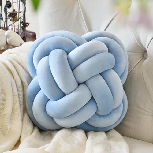 Knot Pillow Ball, 12" Decorative Throw Pillows for Couch Bed, Dusty Blue) | Decor Knotted Square Floor Pillow Cushions with Velvet Fabric for Bedroom Living Room - color: Dusty Blue
