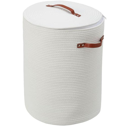 16"x20" Extra Large Cotton Rope Basket with Zipper Lid, Woven Laundry Hamper and Blanket Storage Basket, Round Clothes Bin for Living Room Bedroom, White - color: All White