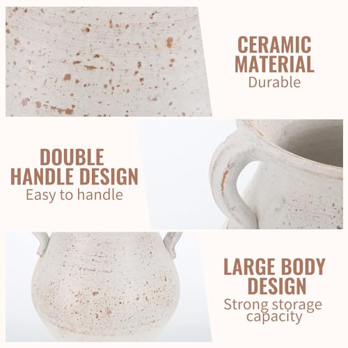 Rustic Ceramic Utensil Holder - 6.69 Inch Farmhouse Utensil Crock with Handles, Distressed Speckled Crock, Large Spatula Organizer for Cooking Tools, Kitchen Decor & Gift