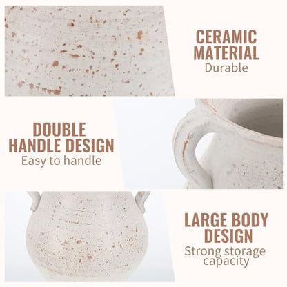 Rustic Ceramic Utensil Holder - 6.69 Inch Farmhouse Utensil Crock with Handles, Distressed Speckled Crock, Large Spatula Organizer for Cooking Tools, Kitchen Decor & Gift