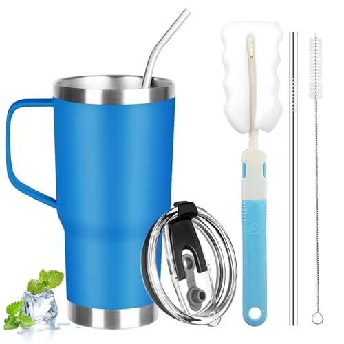 20 oz Tumbler with Handle, Stainless Steel Insulated Tumbler with Lid and Straw, Double Wall Vacuum Coffee Mug Tumbler, Insulated Coffee Thermal Cup for Cold and Hot (Sea Blue) - color: Sea Blue, size: 20 Ounces