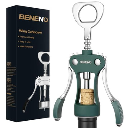 Beneno Wine Opener, Premium Wing Corkscrew Wine Bottle Opener, Dark Green | Durable Solid Zinc Alloy Body, Precise Sharp-Edged Screw, Ergonomic Non-Slip Grip Wing Handle, Multifunctional Bottle Openers - color: Dark Green