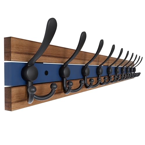 SKOLOO Rustic Wall Mounted Coat Rack - 38-1/8" Long Coat Hooks for Wall with 10 Triple Hooks for Hanging Coats, Hats or Tools, Western National Parks Collection, Wood Brown & Blue - color: Blue & Brown Plates & Black Hook, size: 1 Item-10 Hooks