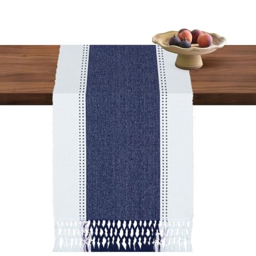 Cotton Table Runner 13x72 inch - Handcrafted Fringes - Soft Durable Washable - Farmhouse Style Table Décor for Dining Kitchen Console Coffee Table - Rustic Vintage Table Runner Blue - color: Blue