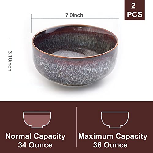 Serving Bowls - 36 Ounce Bowls Set - Ceramic Bowl Set of 2-7 inch Salad Bowls - Soup Bowls - Cereal Bowls for Kitchen - color: Caramel Brown, size: 36 Ounces