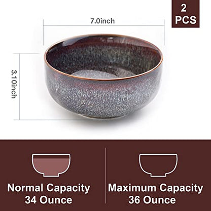 Serving Bowls - 36 Ounce Bowls Set - Ceramic Bowl Set of 2-7 inch Salad Bowls - Soup Bowls - Cereal Bowls for Kitchen - color: Caramel Brown, size: 36 Ounces