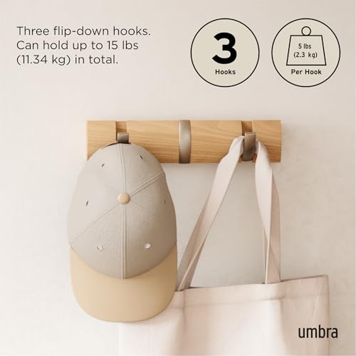 Umbra Flip Coat Rack, Wall Mount Retractable Hooks, 3-Hook, Natural/Nickel | Real wood and steel build, folds flat when not in use, holds coats bags and scarves, easy install - color: Natural/Nickel, size: 3-Hook