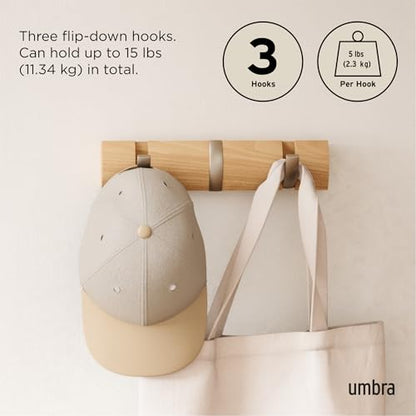 Umbra Flip Coat Rack, Wall Mount Retractable Hooks, 3-Hook, Natural/Nickel | Real wood and steel build, folds flat when not in use, holds coats bags and scarves, easy install - color: Natural/Nickel, size: 3-Hook