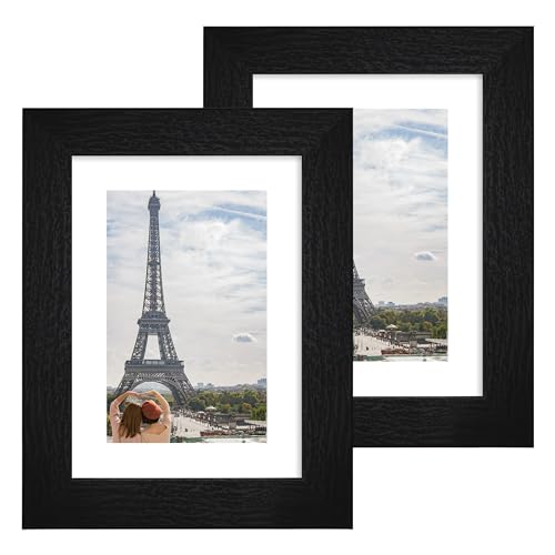 Hongkee 5x7 Picture Frame Set of 2, Made of Real Glass and Rustic Black Wooden Frame - Display Pictures 4x6 with Mat or 5x7 Without Mat, 5 by 7 Photo Frame for Wall or Tabletop Display - color: Rustic Black, size: 5x7 in