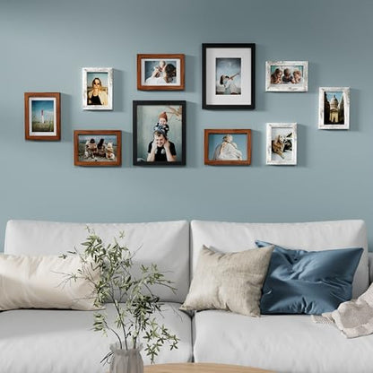 Vittanly 10 Pack Gallery Wall Frame Set, Picture Frames for Wall & Table | Gallery Wall Frame Set: 2pcs 8x10, 4pcs 5x7 & 4pcs 4x6 Photos, made of Engineered Wood, Black, Walnut Brown, Distressed White - color: Black & Walnut Brown & Distressed White