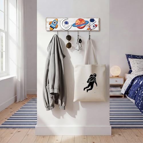 Space Themed Wooden Coat Rack with 4 Hooks, Rocket Astronaut Planet Moon Wall Mounted Hangers, Cute Cosmic Decorative Hook Rack for Room Entryway Playroom, Holds Hats Keys Towels Bags - style: Space