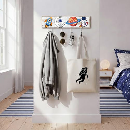 Space Themed Wooden Coat Rack with 4 Hooks, Rocket Astronaut Planet Moon Wall Mounted Hangers, Cute Cosmic Decorative Hook Rack for Room Entryway Playroom, Holds Hats Keys Towels Bags - style: Space