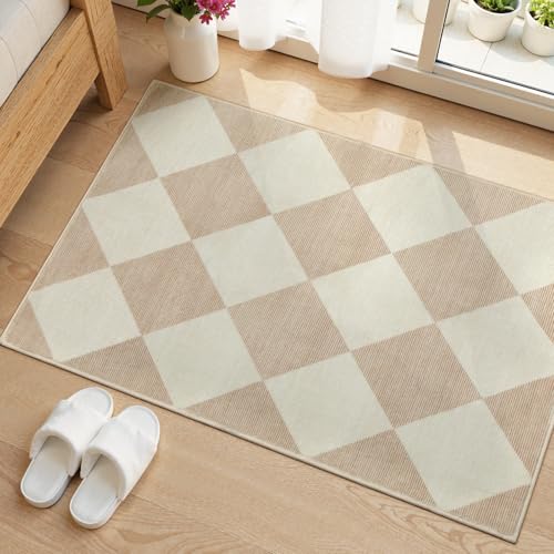 Beeiva Checkered Print Washable Indoor Door Mats for Entryway, 2x3 Non Slip Ultra Thin Bathroom Rugs Fit Under Door, Moroccan Diamond Decor Beige Small Rugs for Bedroom Kitchen Laundry Entrance - color: Beige, size: 2' x 3' (Rectangular)