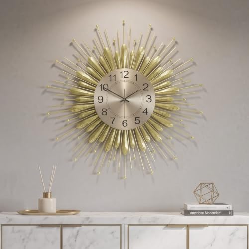 Cuspin Large Gold Wall Clock 30 Inch, Mid Century Modern Sunburst Decorative Design, Silent Non Ticking Battery Operated Metal Wall Clock, for Living Room, Dining Room, Bedroom, Office - color: Gold Sunburst, size: Large