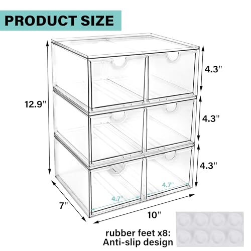 Prsildan 6 Small Drawers Stackable Storage Drawer Clear Acrylic Organizer | Makeup Organizers, Vanity Bathroom Kitchen Cabinets Under Sink Home Organization, 3 Pack - size: Stackable-6Drawers
