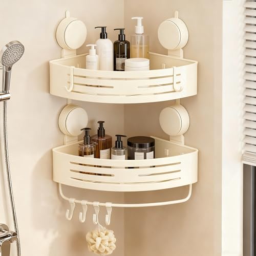 Corner Shower Caddy Bathroom Organizer（2-Pack Cream White）,No-Drilling Aluminum Suction Cup Corner Shower Shelf with Towel Bar & Hooks,Detachable and Reusable Bathroom and Kitchen Storage - color: Tall Corner-white, size: 2 Pack