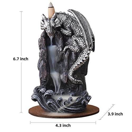Dragon Backflow Incense Holder Waterfall Incense Burner, with 100 Backflow Incense Cones,1 Mat,1 Tweezers，Aromatherapy Ornamental for Home Office Yoga （Silver Dragon） - color: Silver