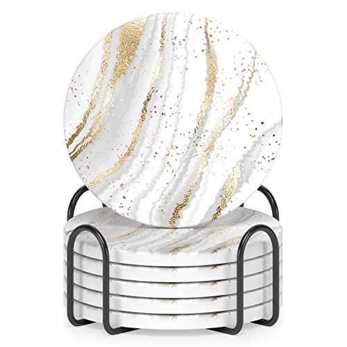 Coasters for Drinks, Set of 6 Cute Absorbent Ceramic Drink Coasters | Set of 6 Absorbent Ceramic Drink Coasters with Holder and Cork Base, Kitchen Home Decor Housewarming Gift, Round 4 in - color: Luxury White Gold Marble 03