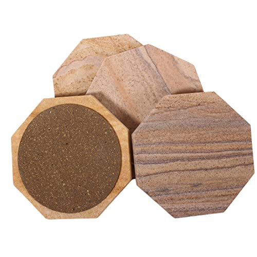 Sandstone Water Absorbent Hand Crafted Octagon Coasters for Drinks- Set of 4-4 inches Wide Thirsty Stone bar/Drink Coasters Made from Real Solid Stone (Without Holder, Set of 4) - style: Design 3