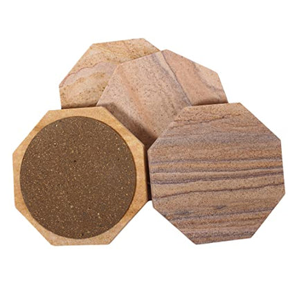 Sandstone Water Absorbent Hand Crafted Octagon Coasters for Drinks- Set of 4-4 inches Wide Thirsty Stone bar/Drink Coasters Made from Real Solid Stone (Without Holder, Set of 4) - style: Design 3