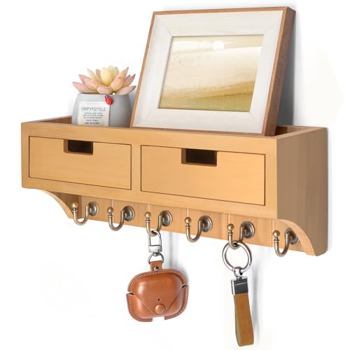 Rebee Vision Key Holder Wall Mount with Drawers for Room Decor, Light Brown | Key and Mail Holder for Wall, 6 Key Hooks, Shelf, 2 Drawer Organizer, Mail Organizer, Room Decor Aesthetic, Home Organization - color: Light Brown, style: 2-Drawer