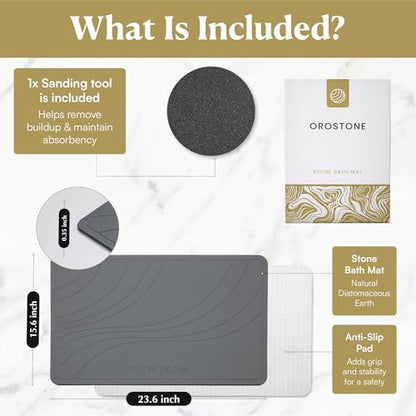 Stone Bath Mat – Diatomaceous Earth, Quick Dry & Super Absorbent, Non-Slip Base, Modern Minimalist Bathroom Mat, Luxury Shower Floor Mat for Bathroom (24x16”)