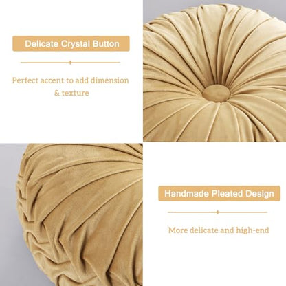 HIG Set of 2 Apricot Velvet Decorative Round Pleated Throw Pillows - color: Apricot