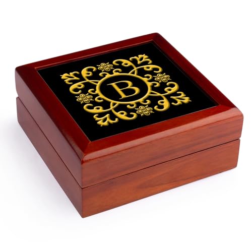 3dRose Floral decorative monogram. Gold on black. Decorative letter B Jewelry Box 7 x 7 inch with 4 inch tile