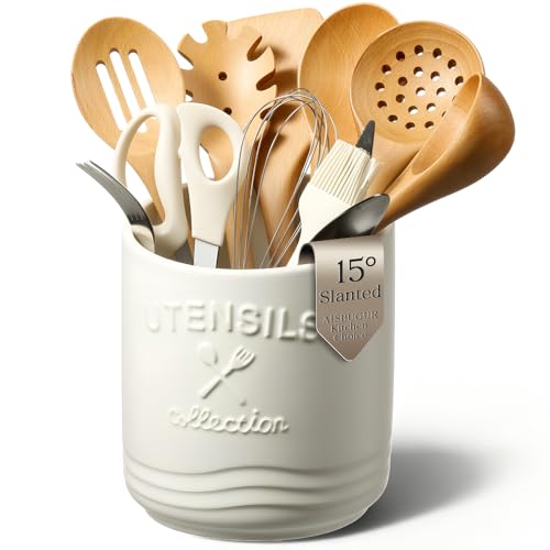 Large Ceramic Utensil Holder: 7.5" H×6.3" W with Slanted Mouth - Utensil Crock with Non-Slip Cork Base for Kitchen Counter, Ideal for Decor & Gift,white utensil holder - color: White