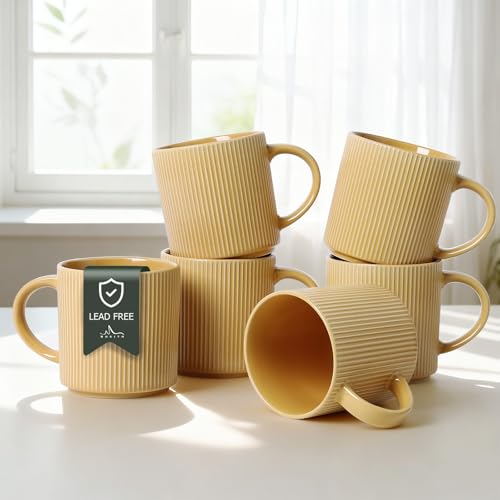 MONITO Coffee Mugs Set of 6,16 oz Ceramic Coffee Cups with Large Handles | Stoneware Mugs Set Suitable for Lattes,Hot tea,Cappuccinos,Mochas and Cocoa,Microwave & Dishwasher Safe,Lemon Yellow - color: Lemon Yellow, size: 6PCS