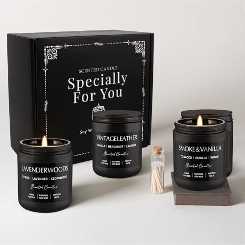 WPONSZU 4Psc Scented Candles Set,7oz Gifts for Men Aromatherapy,Soy Candle of Smokeless - Leather & Smoke, Vanilla Oakmoss, Lavender - Relaxing Fragrance for Home, Office, Yoga(Black) - color: 4Pack-Black