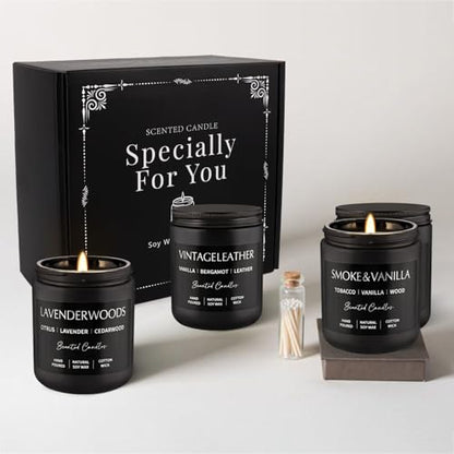 WPONSZU 4Psc Scented Candles Set,7oz Gifts for Men Aromatherapy,Soy Candle of Smokeless - Leather & Smoke, Vanilla Oakmoss, Lavender - Relaxing Fragrance for Home, Office, Yoga(Black) - color: 4Pack-Black