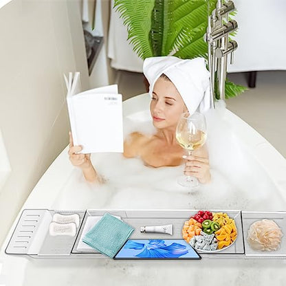 Expandable Bathtub Tray, Adjustable Bathtub Caddy Tray Bathtub Caddy for Luxury Bath, Multifunctional Bathtub Storage Rack for Book Wine Glasses Phone Bath Products, with Anti-Slip mat - color: Transparent