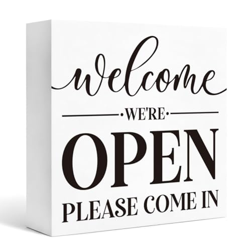 Welcome Sign Decor White Wooden Box Plaque, We’re Open Please Come In Farmhouse Tabletop Shelf Accent for Front Door Entryway Foyer Home Decoration 5x5 Inches - color: Homre Sign 17
