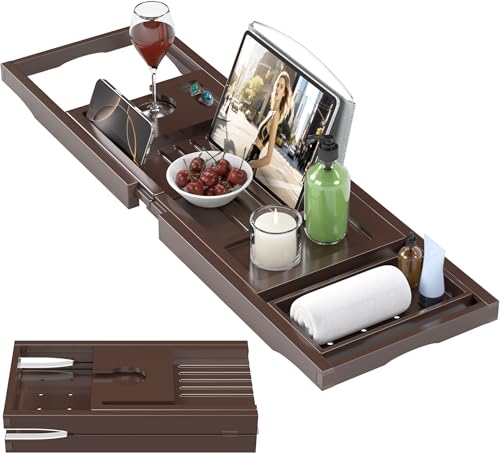 Bamboo Bathtub Tray Caddy, Foldable Bath Tray for Tub | Expandable Bath Table Trays, Bathtub & Bathroom Accessories for New Home/Mothers Day/Birthday Gifts for Couples, Brown - color: Brown