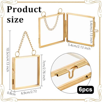 OLYCRAFT 6Pcs 2.1x2.1 Inch Gold Mini Glass Hanging Frame with Chain | Metal Picture Frames, Double Glass Floating Frames, Wall Hanging Artwork Display Frame for Pressed Flowers Leaf and Artwork - size: 2.1x2.1 Inch