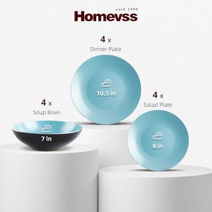 HomeVss Stoneware Two-Tone Colors Life 12pc Dinner Set, Outside Shiny Black + Inside Matte Glaze Turquoise - color: Turquise, size: 12pc Set