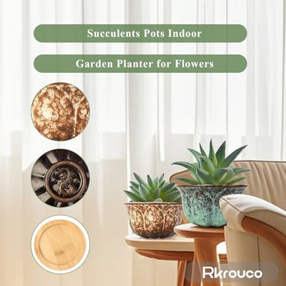 Ceramic Plants Pots 3 Inch Set of 4 Flower Pots with Drainage and Bamboo Tray for Indoor/Outdoor Small House Plants,Foliage Plant - style: Set 3
